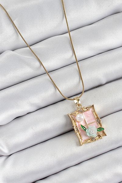 BESKAR 316L Steel Chain Pink Artistic Portrait Pearl Detailed Rose Figured Model Gold Color Women's Necklace