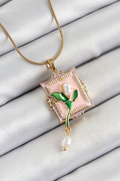 BESKAR 316L Steel Chain Pink Artistic Portrait Dangle Pearl Detailed Tulip Model Gold Color Women's Necklace