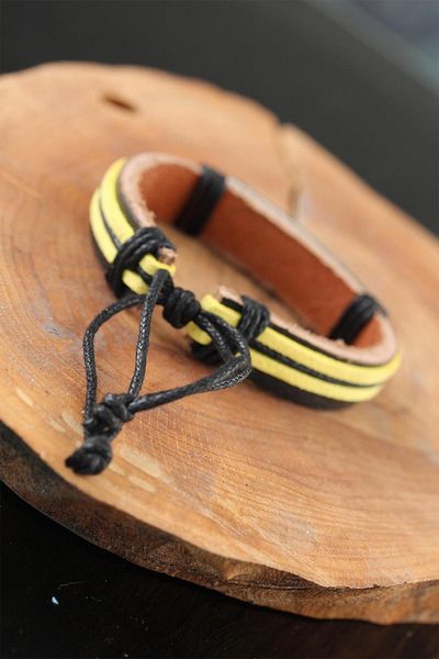 merland benvecocuk Yellow Black Color Leather Men's Bracelet with Metal Accessories - Lisinya
