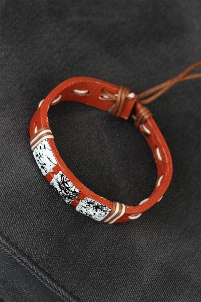 merland benvecocuk Brown Leather Men's Bracelet with Marble Stones - Lisinya
