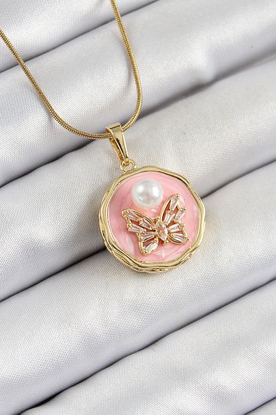 BESKAR 316L Steel Chain Zircon Stone Pink Artistic Portrait Pearl Detailed Butterfly Model Gold Color Women
