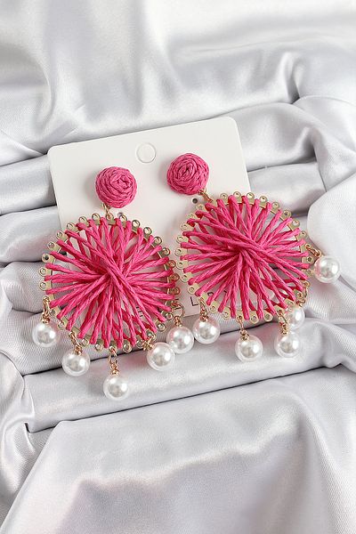 SeyCey.co Pink Straw Weave Spiral Model Gold Color Women's Earrings with Hanging Pearl Detail