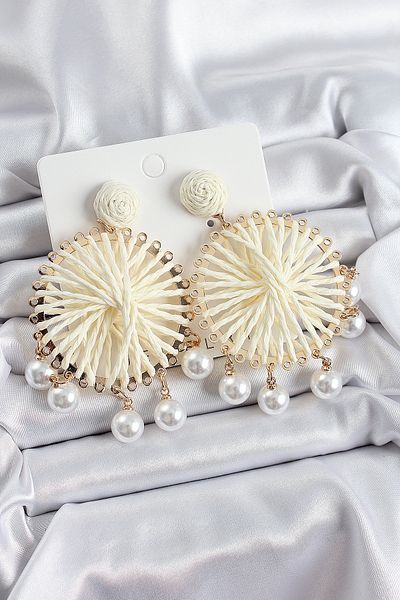 SeyCey.co Cream Straw Weave Spiral Model Gold Color Women's Earrings with Hanging Pearl Detail