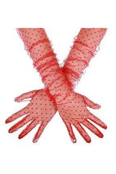 merland benvecocuk Long Length Red Polka Dot Red Color Adult Tulle Gloves 55 cm