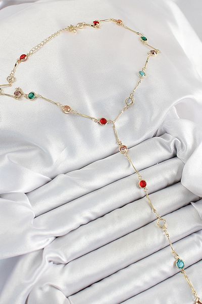 BESKAR Brass Assortment Model Gold Color Zircon Stone Y Necklace
