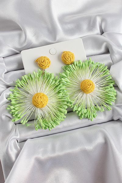 SeyCey.co Green Tasseled Daisy Figured Straw Knitted Model Gold Color Women's Earrings