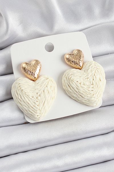 SeyCey.co Cream Heart Figured Straw Knitted Model Gold Color Women's Earrings