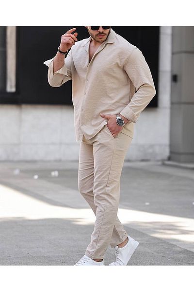 blucombin 2-Piece Bottom Top Linen Gold Set Summer Shirt and Pants
