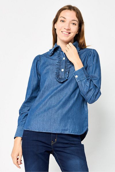 Gant Women Spread Collar Long Sleeve Chambray Blouse, Navy