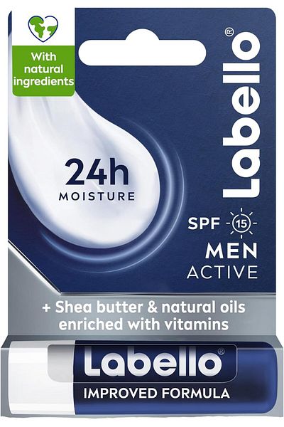 LABELLO Men Active Lip Balm, SPF 15, 24H Melt-In Moisture, Mineral Oil Free, Fragrance Free, 4.8g