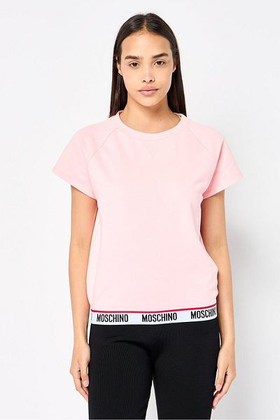 Moschino قميص نوم نسائي بأكمام قصيرة ورقبة دائرية وشعار العلامة التجارية، وردي