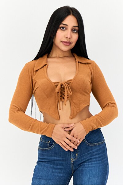 Poof Women Tie Neck Long Sleeve Textured Crop Top, Brown