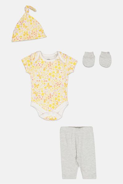 MOTHERCARE Toddlers Girl 4 Pieces Allover Print Bodysuit Bottom Beanie And Gloves Set, Multicolor