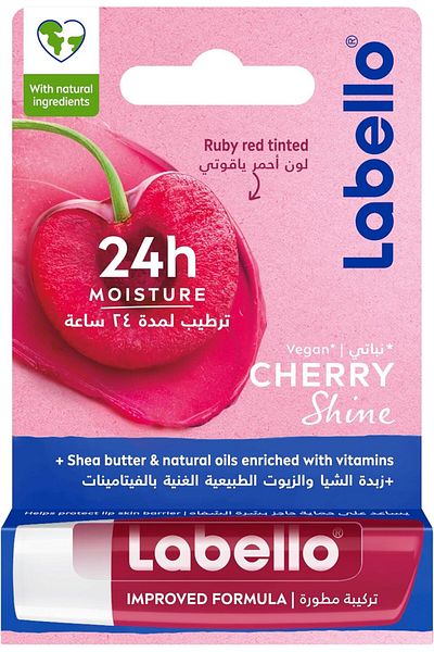 LABELLO Cherry Shine Lip Balm, 24H Melt-In Moisture, with Shea Butter and Natural Oils, Vegan, 4.8g