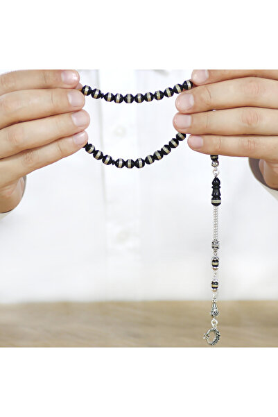 Tesbihane Μεταλλικός κύλινδρος με φούντα αστερίας και φεγγαριού, μη μαύρος, με μεταλλικό κορδόνι, κομμένο μαύρο κουκά, ροζάριο