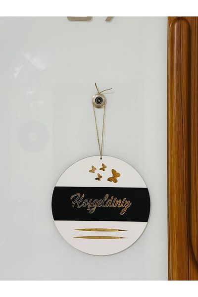 Pey Aksesuar Welcome Written Butterfly Detailed Mirrored Plexi Wooden Door Ornament Decorative