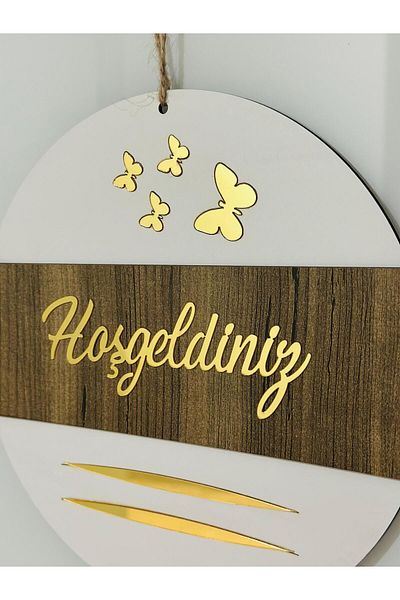 Pey Aksesuar Welcome Written Butterfly Detailed Mirrored Plexi Wooden Door Ornament Decorative