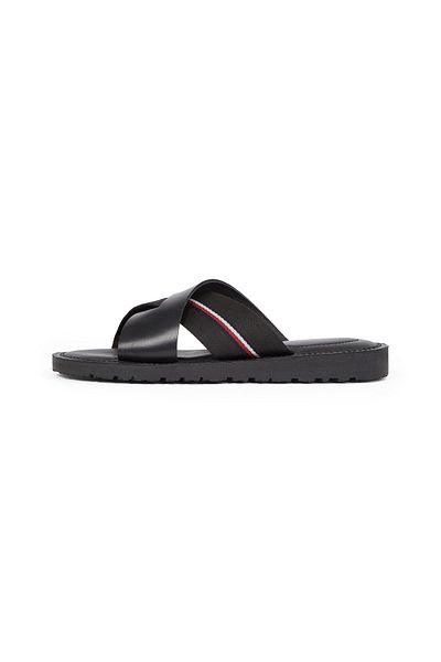 Tommy Hilfiger Men Black Leather Cleat Crossover Sandals