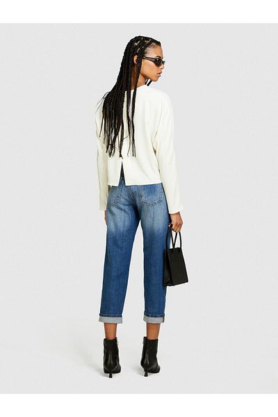 Sisley Stretch Cotton High Waist Curled Leg Denim Trousers Women Black Mix Pants - 324P47Df575O7