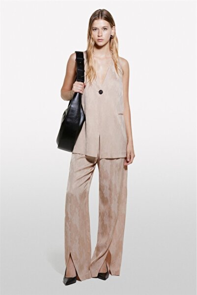 Sisley Linen Blended Jacquard Leg Slit Pants Women's Powder Pants - 324A43Melf05I