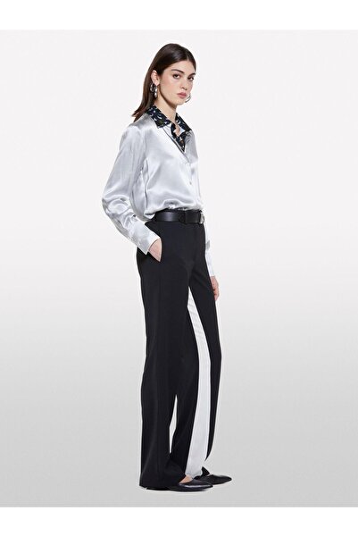 Sisley بنطلون واسع الأرجل بخصر عادي وتفاصيل من الساتان للنساء - بنطلون أسود -...