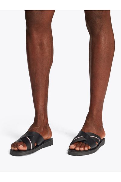 Tommy Hilfiger Men Black Leather Cleat Crossover Sandals