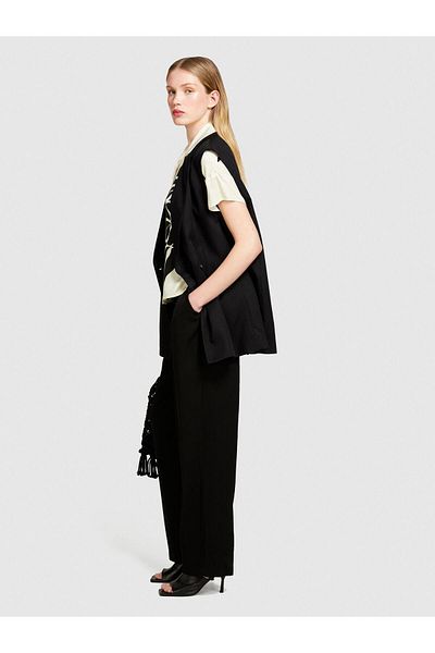 Sisley 100% Viscosa Front Pleated Wide Leg Pants Women's Black Trousers - 324P49Nmlf057