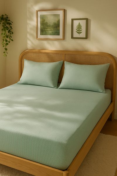 MundoLindo Double Size Gingham Elastic Sheet Set 3 Pieces 100% Natural Cotton