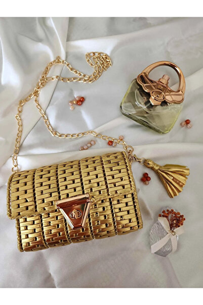 rmys حقيبة فستان سهرة بمظهر جلدي مع حزام سلسلة - أصفر ذهبي، أصفر معدني