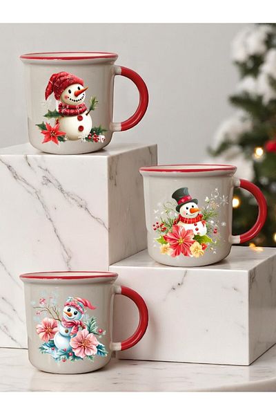 lili hediyelik Snowman and Flower Printed Red Mouth 3-Piece Ceramic Mug