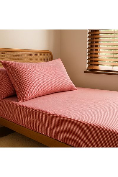 MundoLindo Double Size Gingham Elastic Sheet Set 3 Pieces 100% Natural Cotton