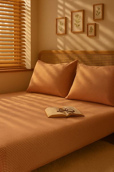 MundoLindo Double Size Gingham Elastic Sheet Set 3 Pieces 100% Natural Cotton