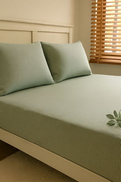 MundoLindo Double Size Gingham Elastic Sheet Set 3 Pieces 100% Natural Cotton