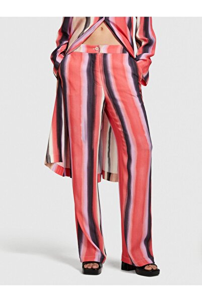 Sisley 100% Viscose All over Patterned Elastic Waistband Pants Women's Green Trousers - 324P4Zdnlf05F