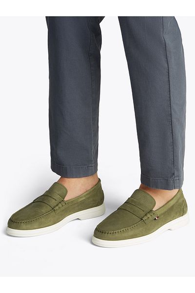 Tommy Hilfiger Men Army Green Signature Leather Loafers