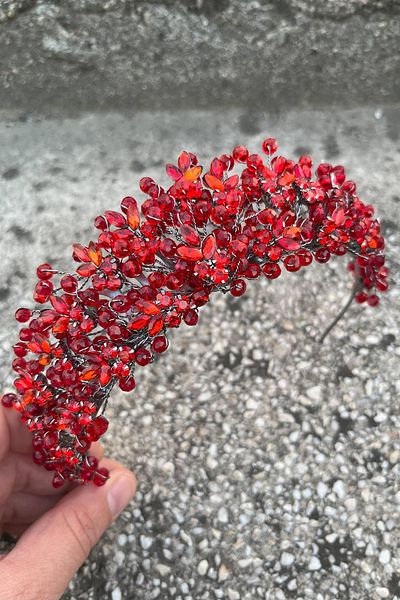 Hobigram إكليل أميليا الأحمر للعروس هينا، إكسسوار للمناسبات الخاصة، إكسسوار شعر تاج نسائي – تاج، حجر كريستال