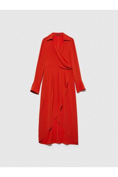 Sisley Long Sleeve Gathered Waist Shirt V Neck Wrap Dress Women Orange Dress - 323A4Lthlv049