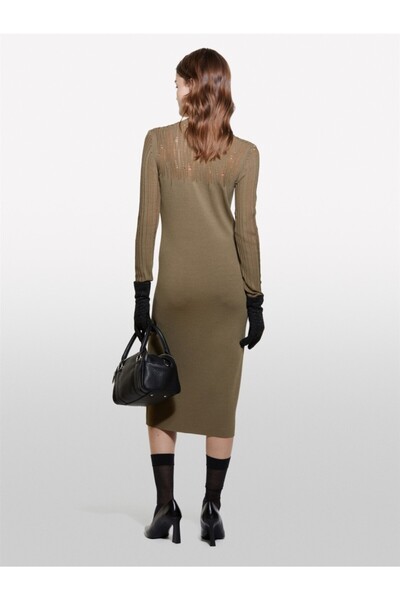 Sisley Viscose Blended Slim Fit Long Sleeve Plain Knit Dress Women Khaki Dress - 324A1Mnpmv00S