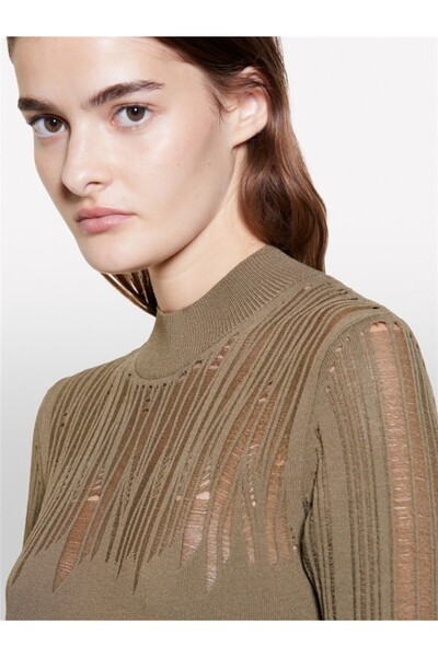 Sisley Viscose Blended Slim Fit Long Sleeve Plain Knit Dress Women Khaki Dress - 324A1Mnpmv00S