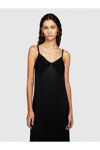 Sisley 100% Cotton Crochet Detail Thin Strap Slit Midi Dress Women Black Dress - 324P4Uoslv05T