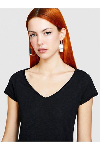 Sisley Tricou din bumbac modal amestecat cu decolteu în V pentru femei Tricou negru pentru femei - 324P3TNHL4007