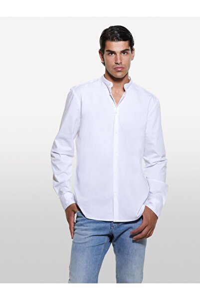 Sisley Cotton Blend Slim Fit Long Sleeve Shirt Men's White Shirt - 324A5Cnxsq032