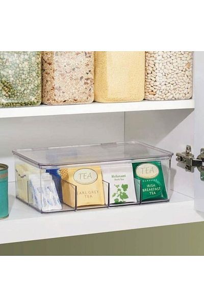 SyaMAG Organizator de ceai din plastic cu 3 compartimente, transparent, dimensiuni 21x14,5x8,5 cm