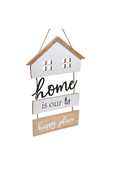 SyaMAG Hanging Wooden Decoration, Metal House, Message 'Home is Our Happy Place', White/Brown, 19.5x29cm