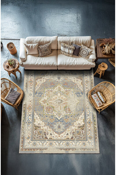 BigArts Home Makinede Yıkanabilir Kaymaz Taban Leke Tutmaz Göbekli Salon Halı...