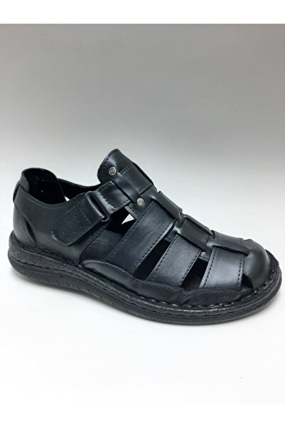 PEKER Genuine Leather Black Color Cirtli Daily Comfortable Sole Men's Sandals