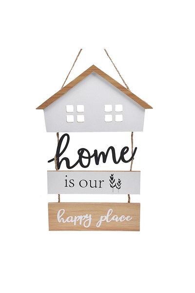 SyaMAG Hanging Wooden Decoration, Metal House, Message 'Home is Our Happy Place', White/Brown, 19.5x29cm