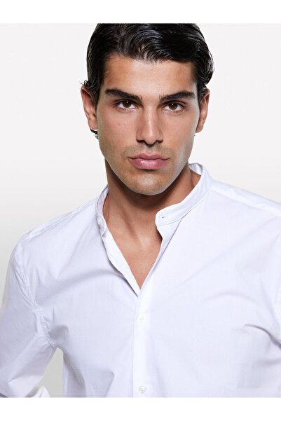 Sisley Cotton Blend Slim Fit Long Sleeve Shirt Men's White Shirt - 324A5Cnxsq032