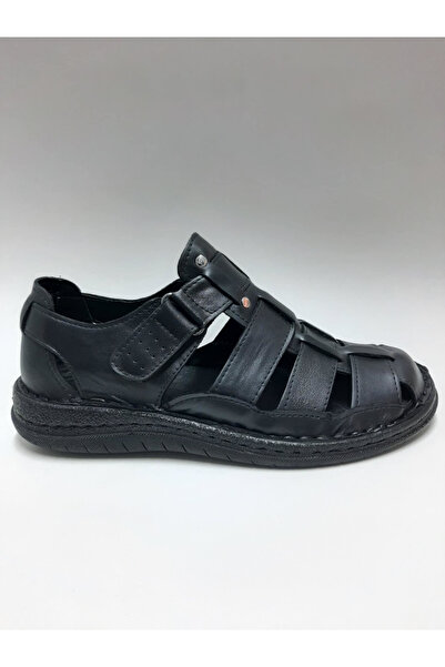 PEKER Genuine Leather Black Color Cirtli Daily Comfortable Sole Men's Sandals