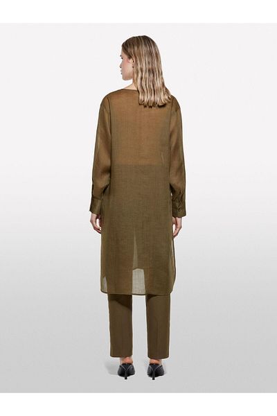 Sisley 100% Hemp Cuff V-Neck Long Shirt Women Green Shirt - 325P5Xjzlq096